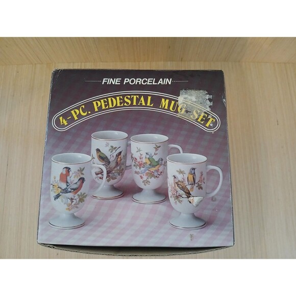 Fine Porcelain Birds Pedestal Mug Set 16 oz 4-Piece Made in Japan Vintage - Picture 15 of 16
